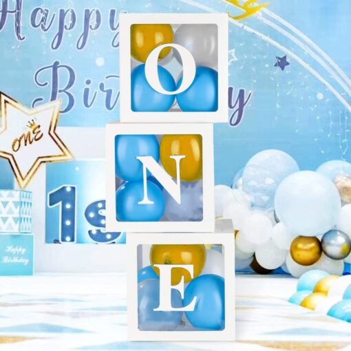 Latex One Box For 1St Birthday - 34 Pcs, Baby Balloon Box For 1St Birthday Decoration With Balloons|First Birthday Decorations Boy|1 Year Birthday Box,Blue
