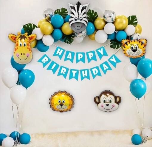 Jungle Theme Birthday Decoration Items for Kids Party Decor with Animal Foil Balloons, Palm Leaves, HBD Banner, Gold Metallic, Silver Chrome, Blue and White Balloons- Set of 60pcs