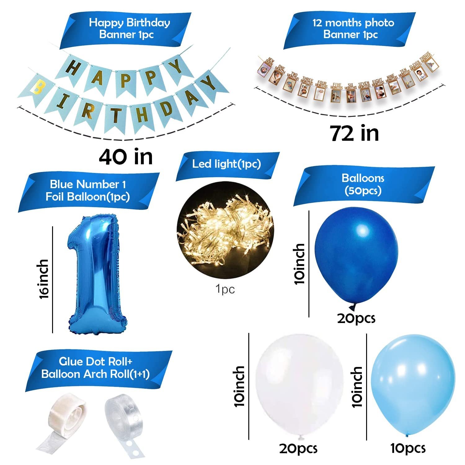 1st Birthday Decoration Items Combo- Set of 56 Pcs | 12 Months Photo Banner(cardstock) for Birthday | Blue Birthday Decoration with Led Light | Balloons for Decoration - Image 2
