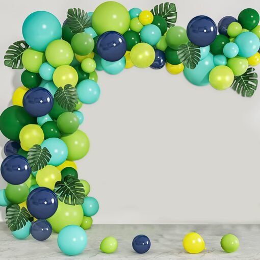Birthday Decoration Kit with Jungle Theme Decoration Items for boy with dark green navy blue, green, sky blue and yellow balloons with animal foil balloon & artificial leaves set- 59 pcs - Image 7