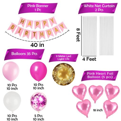 Birthday Decoration Items- Pack of 44 | Happy Birthday Decoration Kit For Girls | Happy Birthday Banner | Happy Birthday Balloons for Decorations Items | Pink Pastel Balloons For Birthday - Image 2