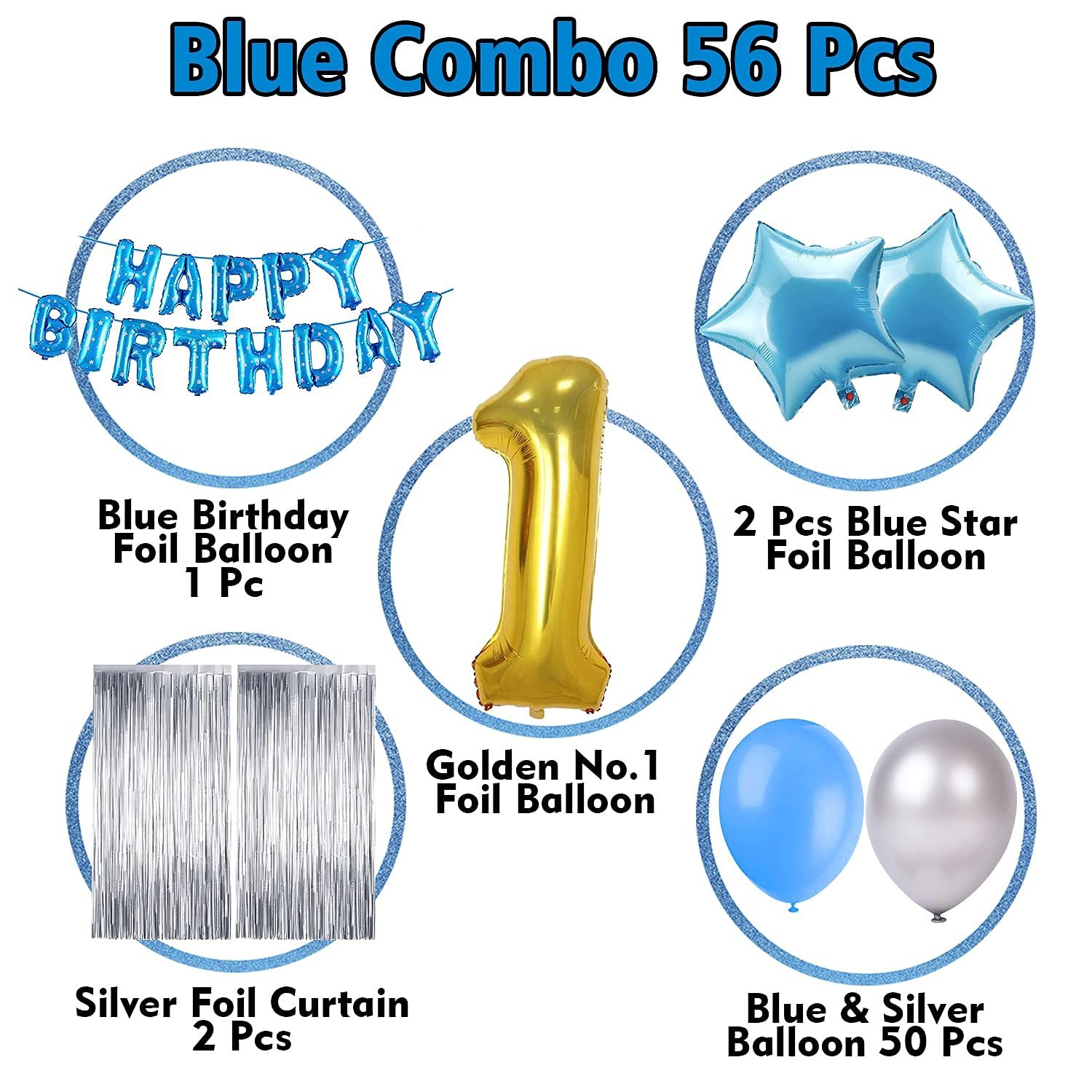 Birthday Decoration kit for 1st Birthday Boys-56Pcs with Foil Curtain / Bday Supplies Items with Blue HBD foil Balloon, Number Foil Baloons/1st Birth Day Props for Kids/Newborn Gifts Set - Image 2