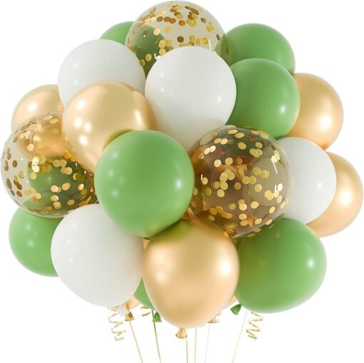 12 inches Sage Green Gold Confetti Balloons 60 Pack White Olive Green Gold Metallic Latex Party Balloon for Birthday Wedding Bridal Shower Supplies