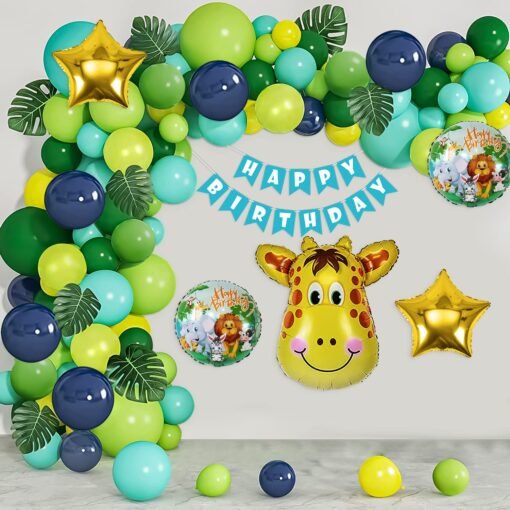 Birthday Decoration Kit with Jungle Theme Decoration Items for boy with dark green navy blue, green, sky blue and yellow balloons with animal foil balloon & artificial leaves set- 59 pcs