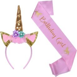 Unicorn Birthday Girl Set of Gold Glitter Unicorn Headband and Pink Satin Sash for Girls with eBook Included,Happy Birthday Unicorn Party Supplies, Favors and Decorations