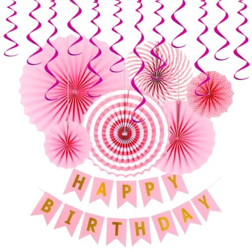 Birthday Decoration Kit for Girl -17Pcs Pink Birthday ;Paper Fan;Swirls for Girls Decoration;Pink Happy Birthday Decorations Combo,Quarantine Theme Decorations/Paper Fan;Swirls