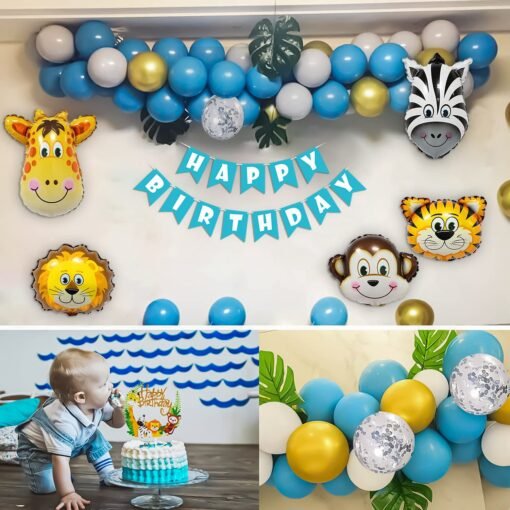 Jungle Theme Birthday Decoration Items for Kids Party Decor with Animal Foil Balloons, Palm Leaves, HBD Banner, Gold Metallic, Silver Chrome, Blue and White Balloons- Set of 60pcs - Image 7