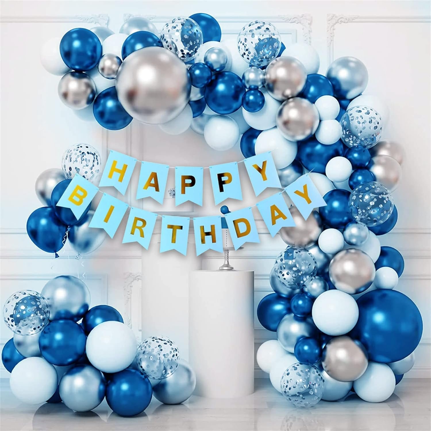 Happy Birthday Decorations For Boys Kit- Happy Birthday Banner (Paper), Arch, Blue/White/Silver Balloons For Birthday, Blue Birthday Combo for Boys, Husband - 52Pcs Birthday Decoration Kit