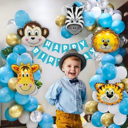 Jungle Theme Birthday Decoration for boys with animal faces foil balloons, Balloon set, Happy Birthday banner and green leaves forest safari party backdrop - pack of 69 Items - Image 6