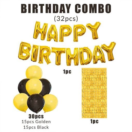 Happy Birthday Banner Decoration Kit 32 Pcs Set for Husband Boys Balloons Decorations Items Combo With Golden Square Foil Curtain, Metallic Balloons - Image 2