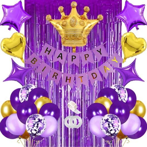 Purple Gold Birthday Decoration for Women Girls Boys Kids Men, Decor Set for Him Her, Birthday Banner, chrome Gold, Confetti, Purple, Foil Balloons, Curtain, Crown for Birthday Party