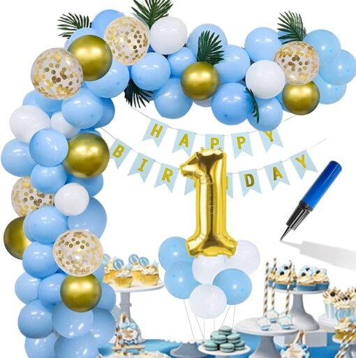 1st Birthday Decorations - Blue Decorations Set Including Air Pump, Aluminum Foil Paper No.1 Balloon, Gold Confetti Balloons, Gold Balloons - Pink