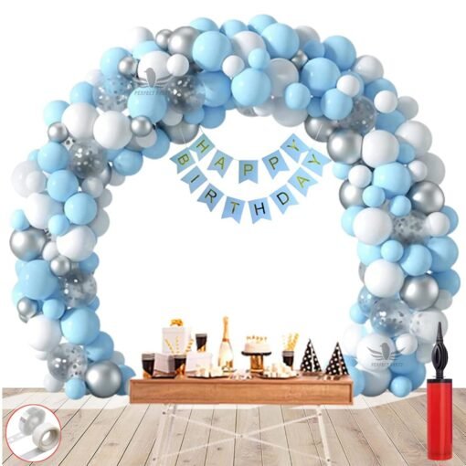 Birthday Decoration Items - 110 Pcs Birthday Decoration Kit - Happy Birthday Banner, Silver Confetti Balloons, Blue Pastel Balloons, Metallic Balloons, Arch Strip, Glue Dot Strip, Balloons Pump