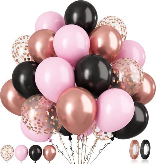 30 Pcs Black Pink Latex Balloons, 12 Inch Metallic Rose Gold and Confetti Balloons for Girls Birthday Baby Shower Engagement Anniversary Wedding Bridal Shower Party Graduation Decoration