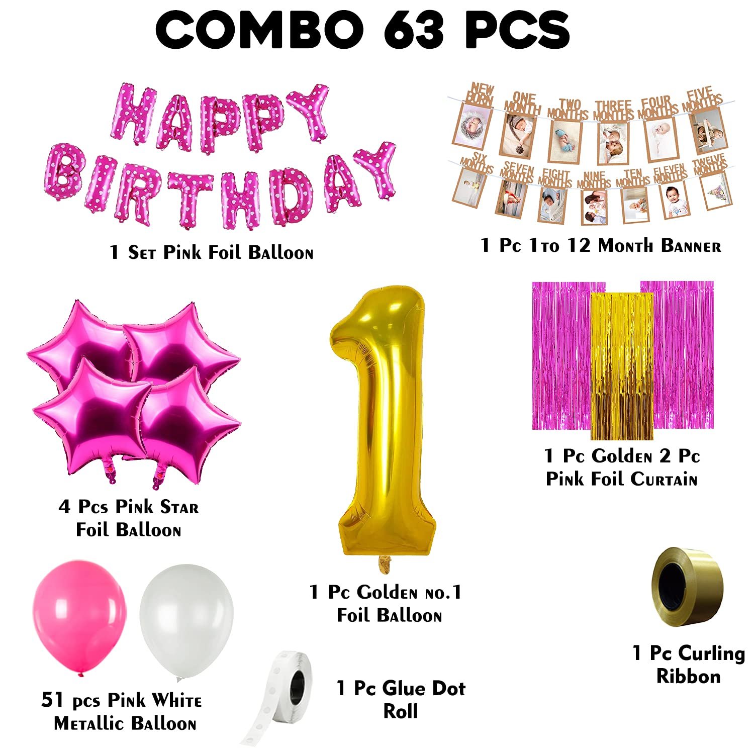 Girls First Birthday Decorations Items Combo 63Pcs for Baby Girl 1st Bday Decor/Photo Booth Backdrop Decoration materials/1st Birth Day Party Décor/Stylish Latest Pink White Birthday Set - Image 2