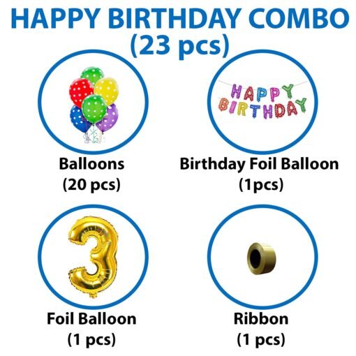 Happy Birthday Decoration Kit Combo - 23Pcs Multicolor 3rd Birthday Decoration Combo For Kids With Polka Dotted Balloons, Birthday Foil Balloons, No.3 Golden Foil Balloons - Image 2