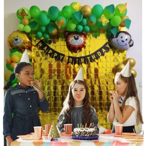 Jungle Theme Kids Birthday Decoration Items - Pack of 93 Pcs- Bunting, Animal Face Foil balloons, Artifical Leaf, Arch Tape, Balloon Pump - forest theme birthday party(multi) - Image 5
