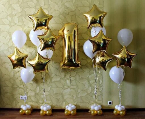 63pcs Balloons Set Large Number 1 Birthday Decorations with Star Foil Balloon and White Gold Balloon for Kids Theme Foil Balloons | 1st Birthday Celebration Kit for Your Party