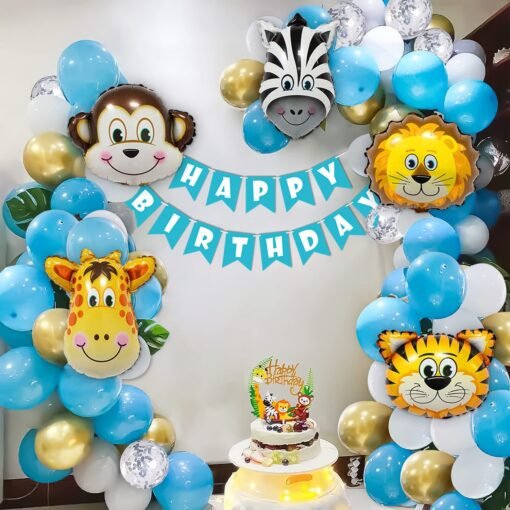 Jungle Theme Birthday Decoration for boys with animal faces foil balloons, Balloon set, Happy Birthday banner and green leaves forest safari party backdrop - pack of 69 Items