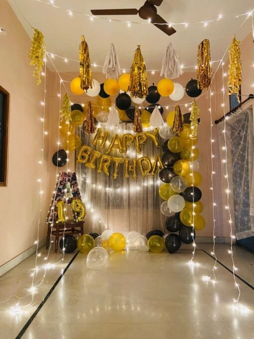 71Pcs Gold White Black Birthday Combo, Party Supplies Birthday Decorations For Girls Boys, Balloons, White Net Backdrop, Led Light For Party Decoration (Black Gold White) Size - 10Ft X 5Ft