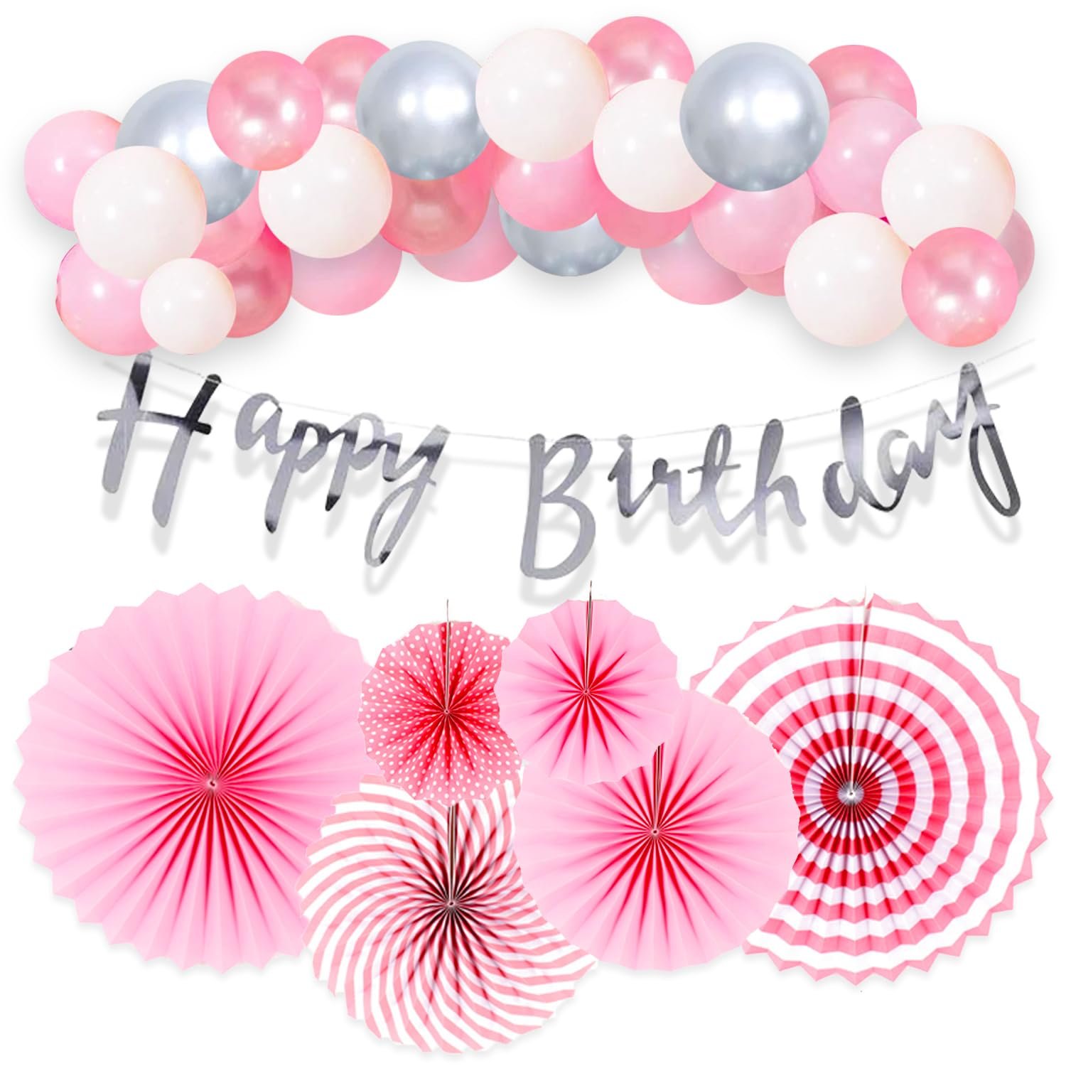 Pink Birthday Decoration - 33Pcs Combo with Paper Fan Decoration | Pink Balloons For Birthday Decoration | Birthday Decoration Items For Girl | Pink Theme Birthday Decorations