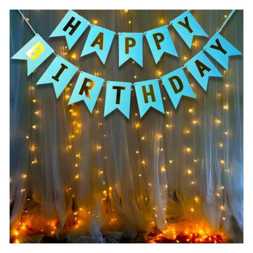 Blue Happy Birthday Banner with White Warm Led Light Set of 2 for Boys, Kids, Birthday Decorations Indoor-Outdoor