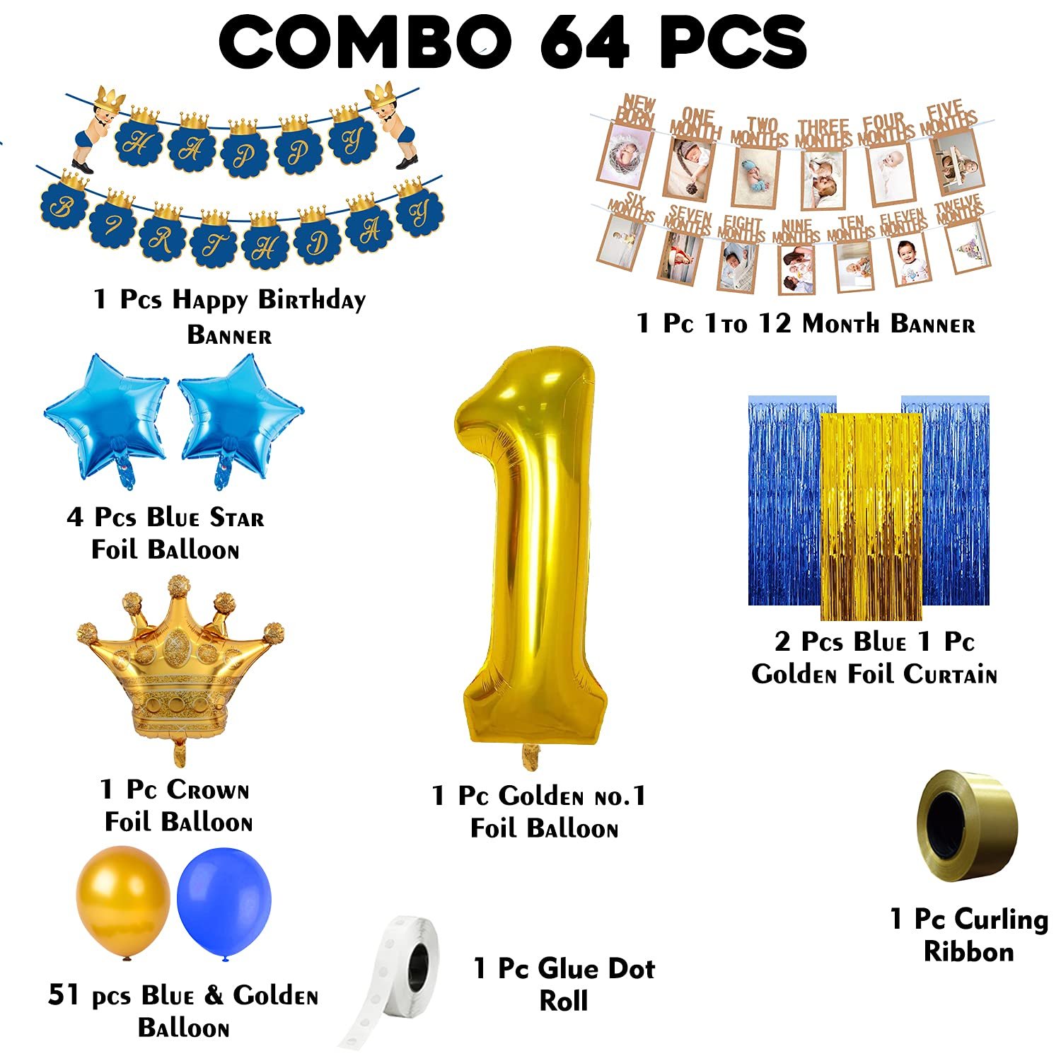 1st Birthday Boy Decoration Combo Set - 64Pcs for Celebration / 1st birthday decoration for boys / First birthday decorations boy theme - Image 2