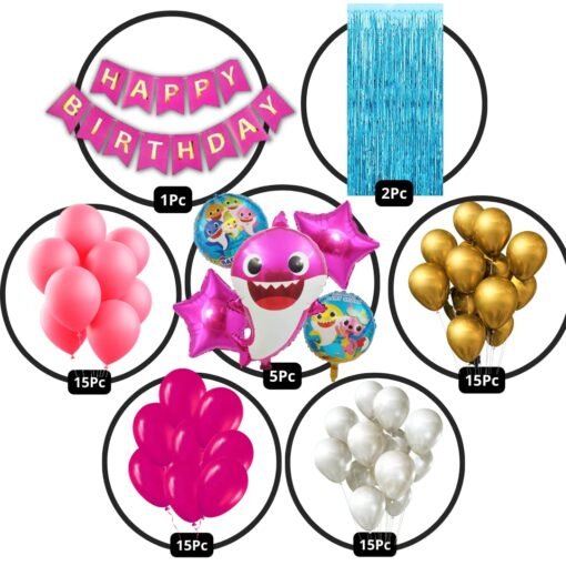 Pink Shark Theme Birthday Decorations Combo 68pc - 60 Balloons, 1 Banner, 1 5pc Shark Foil Balloon Set, 2 Blue Curtain (Pink Shark Birthday Decoration Theme ) - Image 2