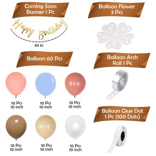 Rubber Pastel Birthday Decoration Items-66 Pcs Birthday Balloons For Birthday Decoration|Pastel Colour Balloons|Golden Happy Birthday Banner|Brown Theme Birthday Decoration For Boys - Image 2