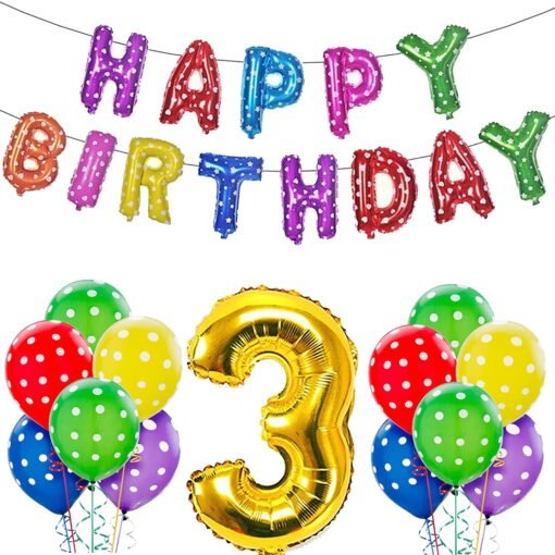 Happy Birthday Decoration Kit Combo - 23Pcs Multicolor 3rd Birthday Decoration Combo For Kids With Polka Dotted Balloons, Birthday Foil Balloons, No.3 Golden Foil Balloons