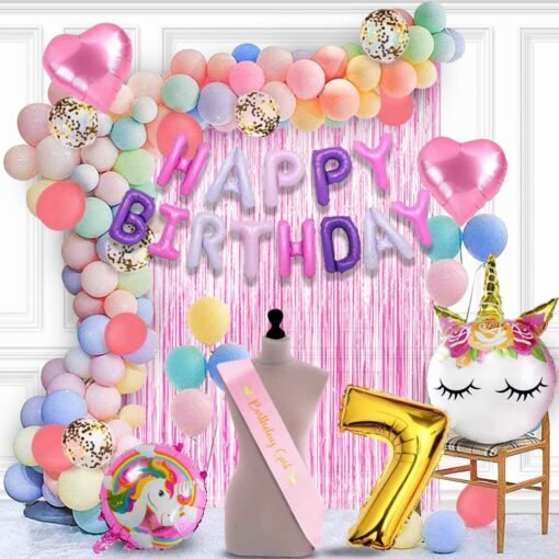 Rubber Unicorn Theme Birthday Decorations Items Combo Set- 7Th Birthday 51Pcs Kit For Happy Birthday Decoration Kit For Girls / Unicorn Birthday Decorations 7 Year Baby ,Multicolor