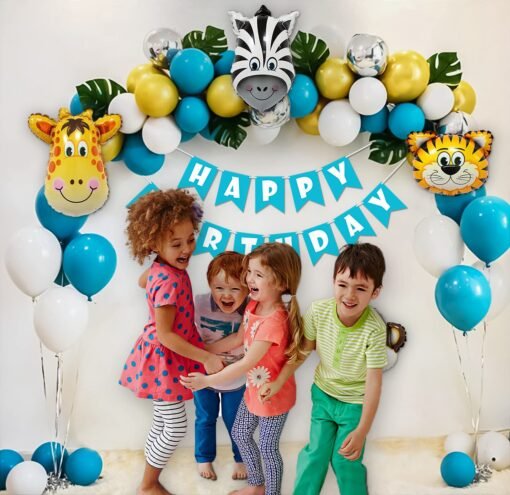 Jungle Theme Birthday Decoration Items for Kids Party Decor with Animal Foil Balloons, Palm Leaves, HBD Banner, Gold Metallic, Silver Chrome, Blue and White Balloons- Set of 60pcs - Image 6