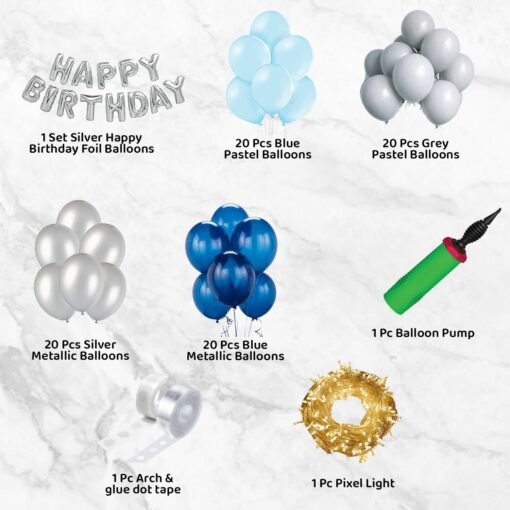 Happy Birthday Balloon Decoration Kit - Pack of 97 Pcs - Party and Fun - Blue and Silver Birthday Decoration At Home - Foil Balloons, Pixel Light - Image 2