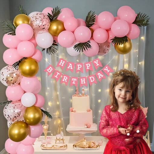 Pink Theme Birthday Decoration Items Kit for girls includes Pink, White and Metallic Gold Balloons with White Net Curtain, Fairy LED Light and Fake Palm Leaves- 71 Items - Image 6