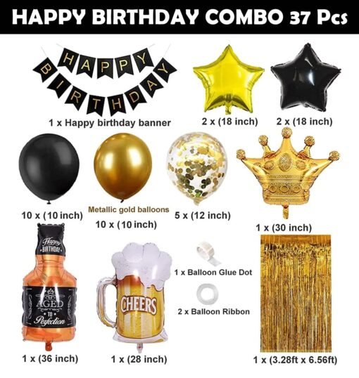 Happy Birthday Banner Decoration Kit - 37Pcs Set for Boys Husband Balloons Decorations Items Combo with Cheers Mug Foil Balloon Crown Foil, Age Perfect, Metallic Balloons With Foil Curtain - Image 2