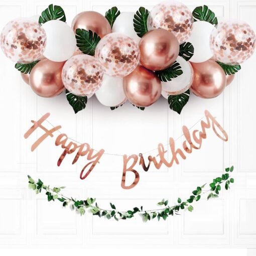 Rose Gold Birthday Decoration Items -37Pcs Birthday Decorations Kit With Balloons & Artificial Leaves |Rose Gold Confetti Balloons for Birthday| Birthday Banner for Decorations (Cardstock)