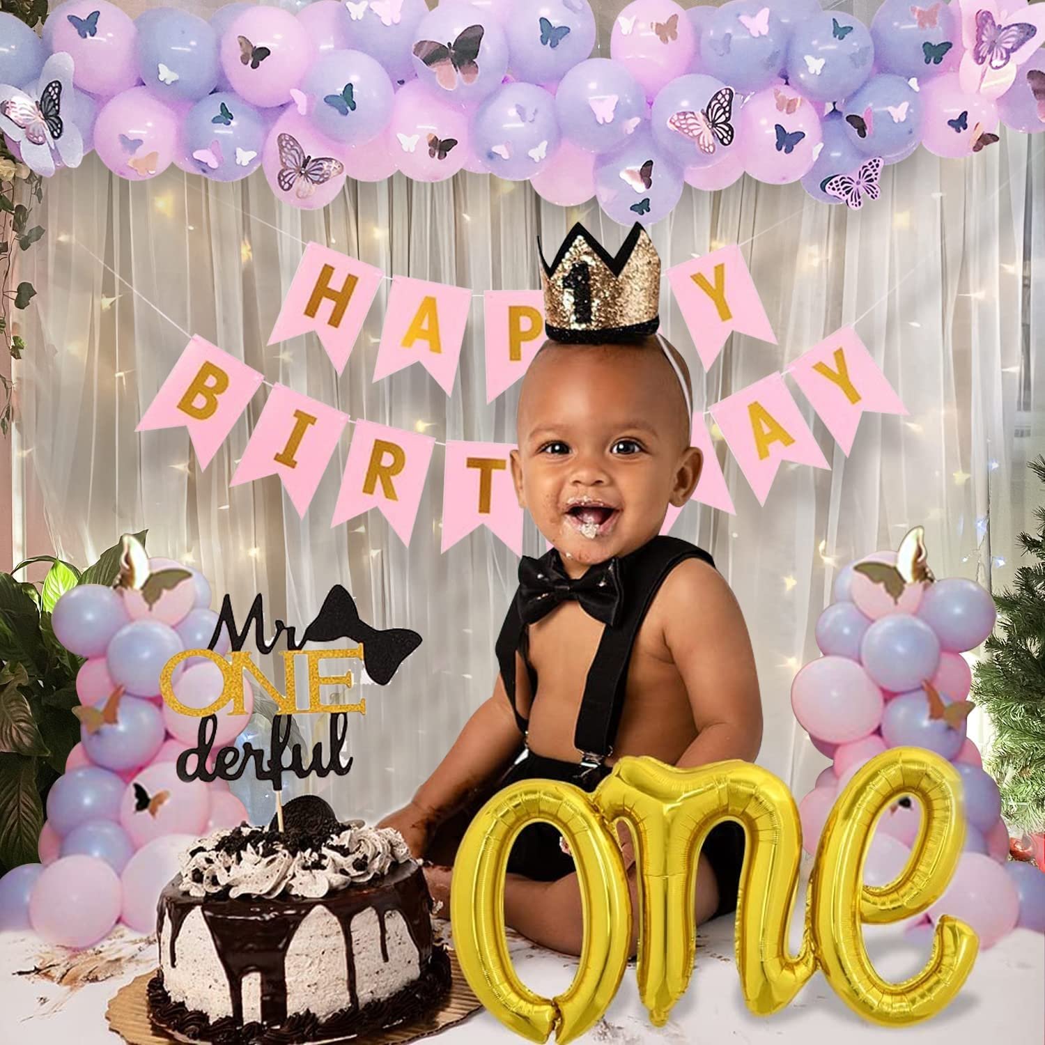 1st Birthday Decoration Items - 69 Pcs Happy Birthday Decoration Kit with Pink Happy Birthday Banner (Cardstock) | Golden ONE Foil Balloon | Pink & Purple Balloons | 3D Butterflies for Decoration | 1st Birthday Decoration for Girls - Image 7