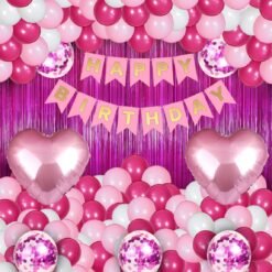 Happy Birthday Party Decoration Combo Set Contains Banner, Confetti Metallic Balloons, Foil Fringe Curtain | Pink Theme Pack of 33 Pcs