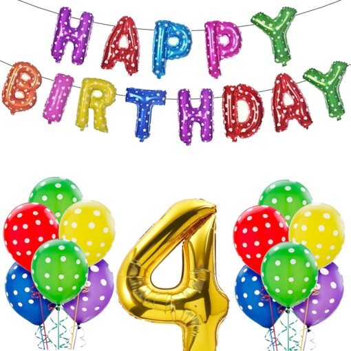 Happy Birthday Decoration Kit Combo - 23Pcs Multicolor 4th Birthday Decoration Combo For Kids With Polka Dotted Balloons, Birthday Foil Balloons, No.4 Golden Foil Balloons
