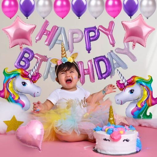 Unicorn Theme Birthday Decorations Items Combo Set - 28Pcs Kit with Foil Balloon, Hear Band, Metallic Balloons - Happy Birthday Decoration Kit for Girls / Unicorn Birthday Decorations - Image 7