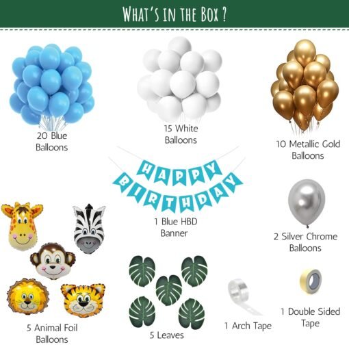 Jungle Theme Birthday Decoration Items for Kids Party Decor with Animal Foil Balloons, Palm Leaves, HBD Banner, Gold Metallic, Silver Chrome, Blue and White Balloons- Set of 60pcs - Image 2