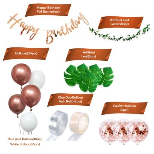 Rose Gold Birthday Decoration Items -37Pcs Birthday Decorations Kit With Balloons & Artificial Leaves |Rose Gold Confetti Balloons for Birthday| Birthday Banner for Decorations (Cardstock) - Image 2