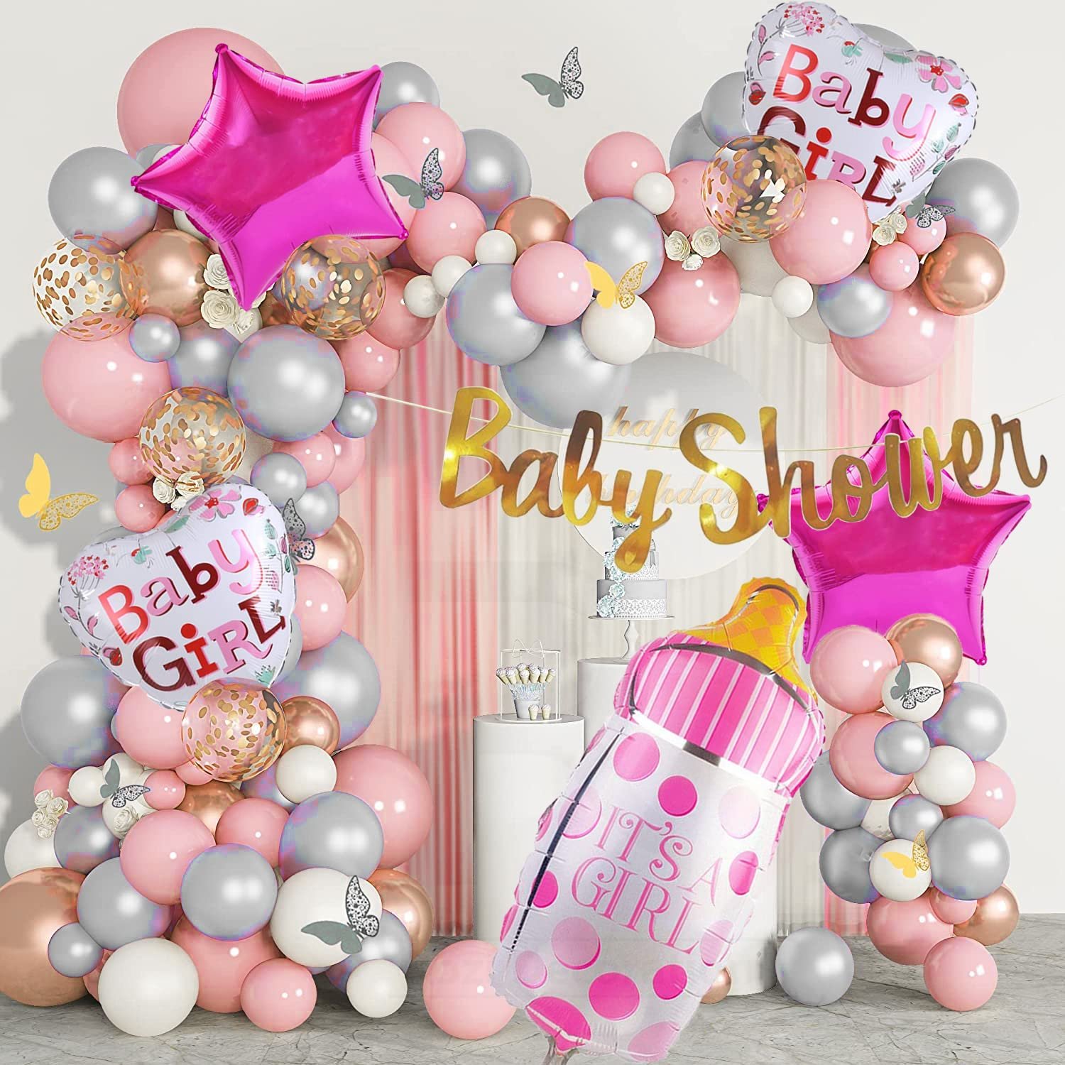 Baby Shower Decorations Items Set Contains Baby Shower Banner, Bottle, Heart & Star Foil Balloons, 50 Latex & 3 Confetti Balloons, Arch and Glue Dots Mom To Be Decoration Items