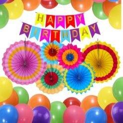 Multicolour Birthday Decorations - 47 Pcs | Happy Birthday Decoration Items With Balloons, Paper Fans, Banners(Cardstock) | Birthday Decoration Kit For Boy, Girl | Birthday Decorations For Husband, Wife
