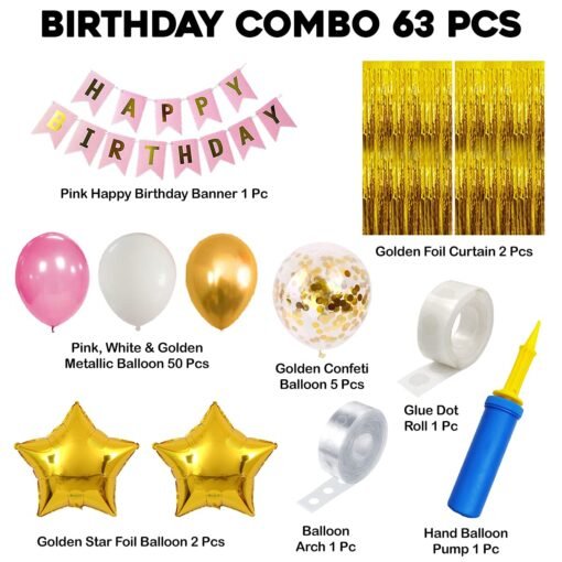 Pink Happy Birthday Decoration Kit for Girls 63pcs Combo Set Banner Golden Foil Curtain Balloon Metallic Confetti Girls Birthday Decoration Items / Kids Birthday Decoration Items - Image 2
