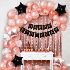 Rose Gold Birthday Decoration Kit-Set Of 69 Pcs Happy Birthday Decoration Items|Happy Birthday Confetti Rubber Balloons|Birthday Decoration For Wife|Happy Birthday Black Banner(Cardstock)