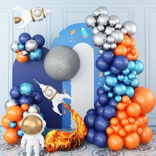 Blue and Orange Balloon Garland Arch Kit, Navy Blue Metallic and Orange Balloons Metallic Silver Balloons for Space Party Supplies, Party Balloons for Outer Space Theme Birthday Baby Shower Decoration