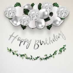 Silver Birthday Decoration Items - 37 Pcs Birthday Decorations Kit With Balloons & Artificial Leaves | Silver Confetti Balloons for Birthday | Birthday Banner for Decorations (Cardstock)