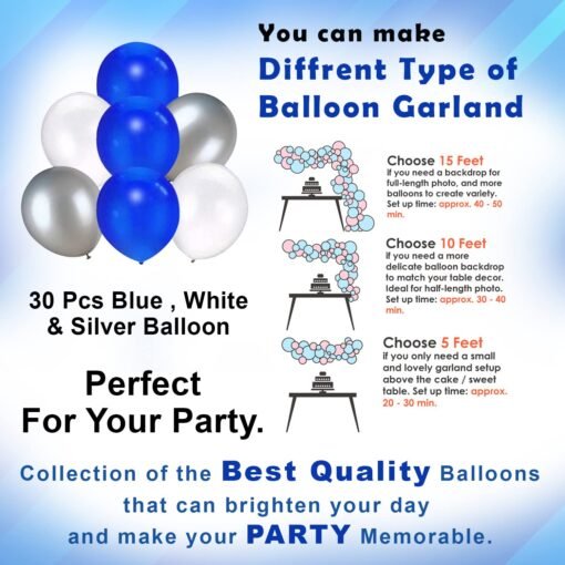 Blue Theme Birthday Decoration-Pack Of 32 Pcs Blue Square Foil Curtain|Birthday Foil Balloons|Blue,Silver&White Metallic Balloons|Metallic Balloons,Decoration Combo For Boys,Men,Husband - Image 5