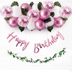 Pink Birthday Decoration Items - 37 Pcs Happy Birthday Decorations Kit With Balloons & Artificial Leaves | Pink Confetti Balloons for Birthday | Birthday Banner for Decorations (Cardstock)